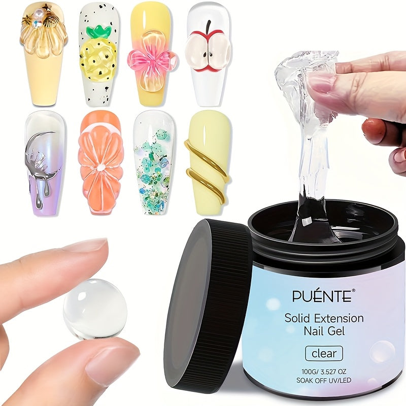PUENTE 100g Solid Extension Nail Gel With Silicone Sculpture Pen Set, Clear, Non-Stick Hand, 3D Sculpture & Rhinestone Adhesive, Easy Application, Odorless, Soak-Off UV LED Gel For Nail Art, Alcohol-Free, For Home Salon Use
